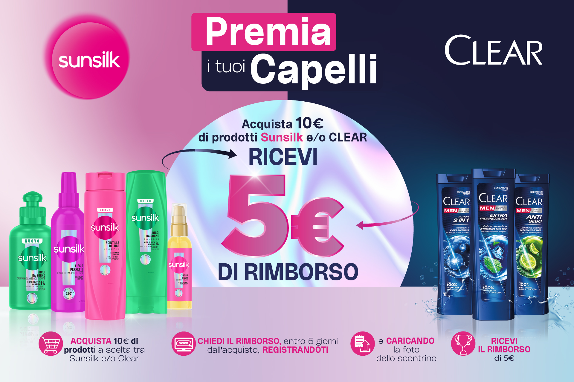 Immagine desktop col titolo della meccanica Cashback Premia i tuoi capelli: Con l'acquisto di 10€ di prodotti a scelta tra Sunsilk e/o Clear ricevi il rimborso di 5€