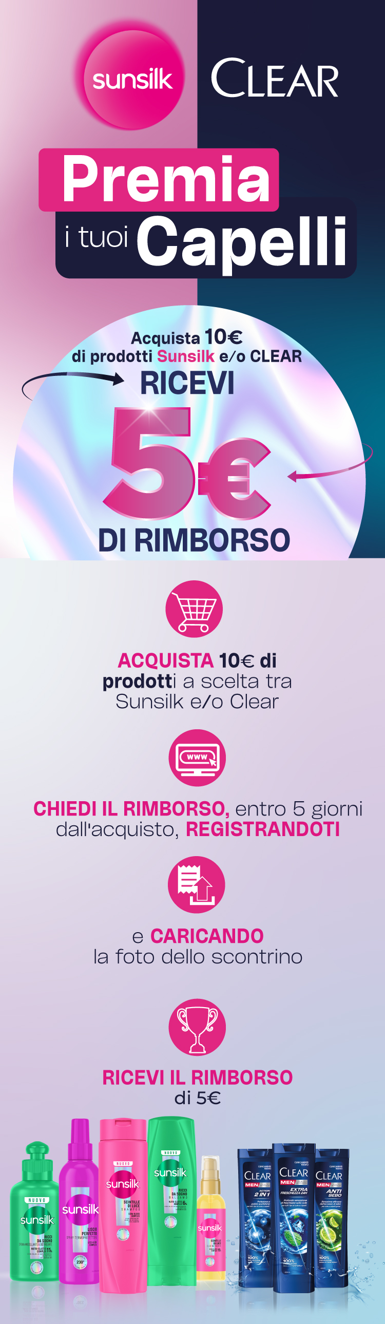 Immagine desktop col titolo della meccanica Cashback Premia i tuoi capelli: Con l'acquisto di 10€ di prodotti a scelta tra Sunsilk e/o Clear ricevi il rimborso di 5€